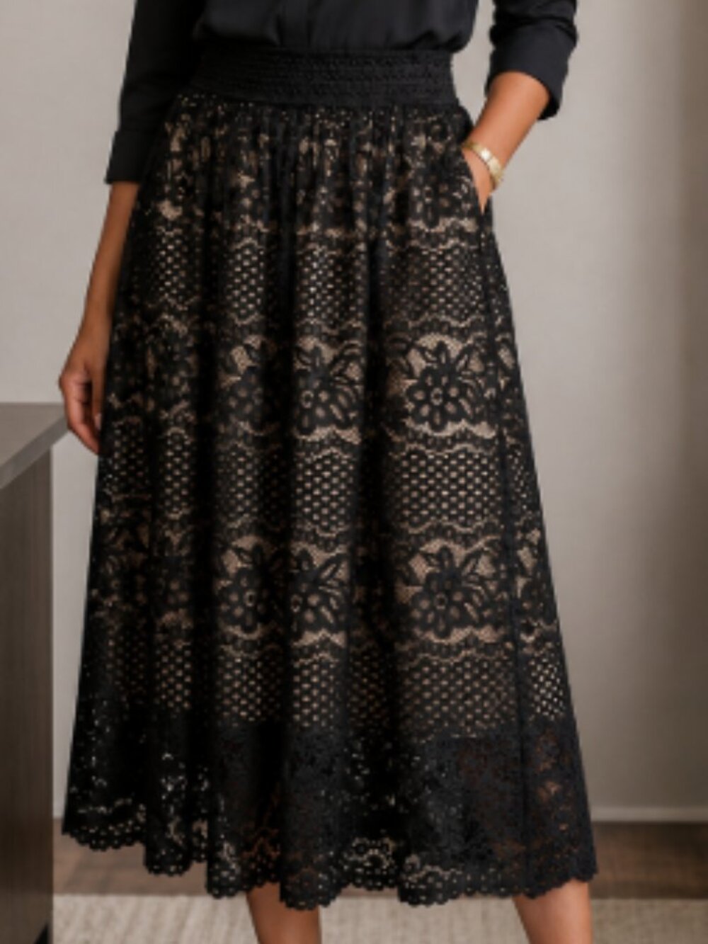 Metro Wear Black Floral  Lace Midi A-Line Skirt with Nude Lining Size X-Large
